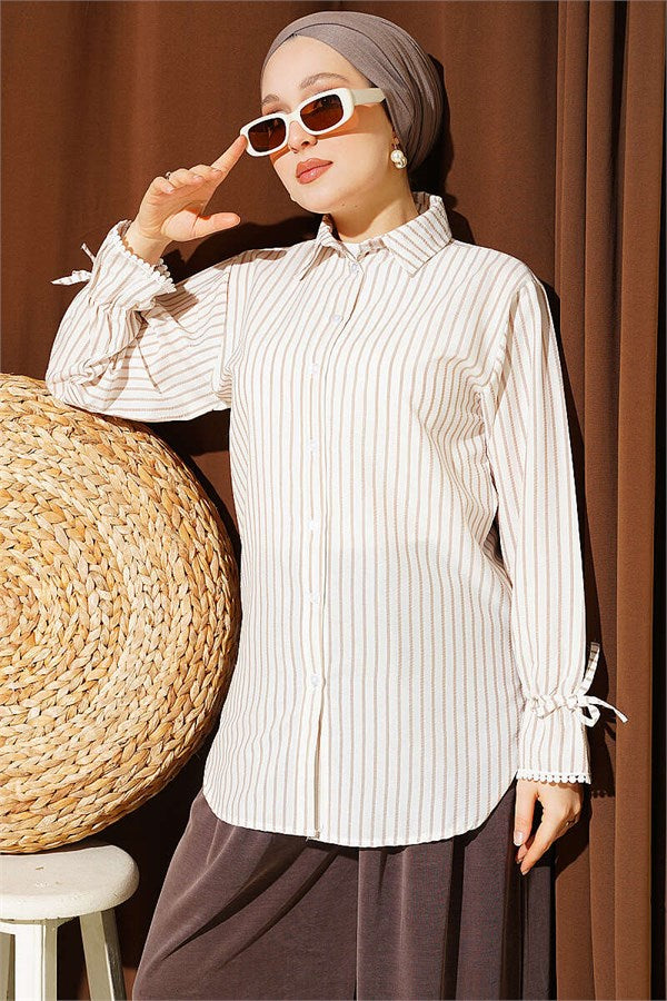 Striped Shirt with Ankle Straps, Beige