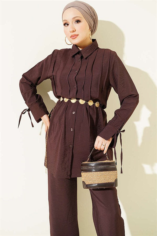2 Piece Set with Ankle Straps and Ribbed Front, Coffee