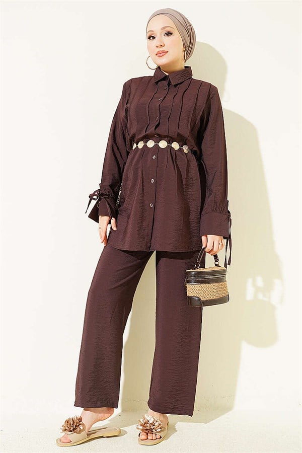 2 Piece Set with Ankle Straps and Ribbed Front, Coffee