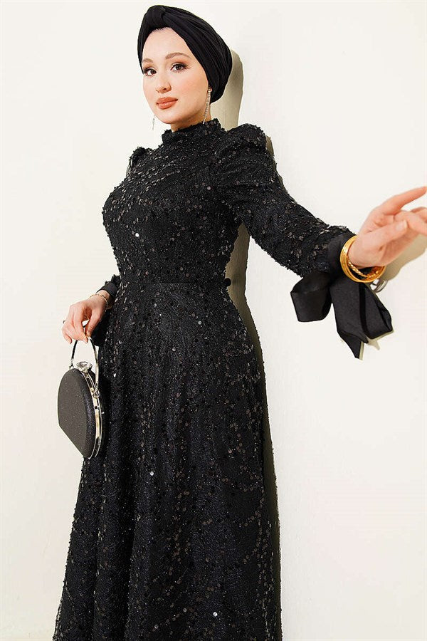 Ankle-Strap Sequined Embellished Evening Dress, Black
