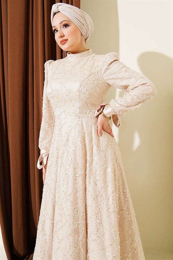 Ankle-Strap Sequined Embellished Evening Dress, Beige