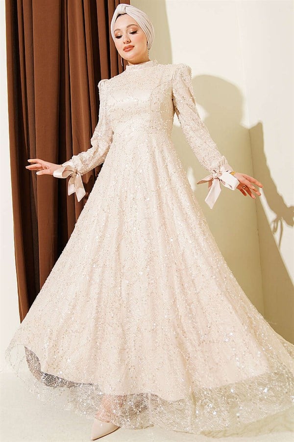 Ankle-Strap Sequined Embellished Evening Dress, Beige