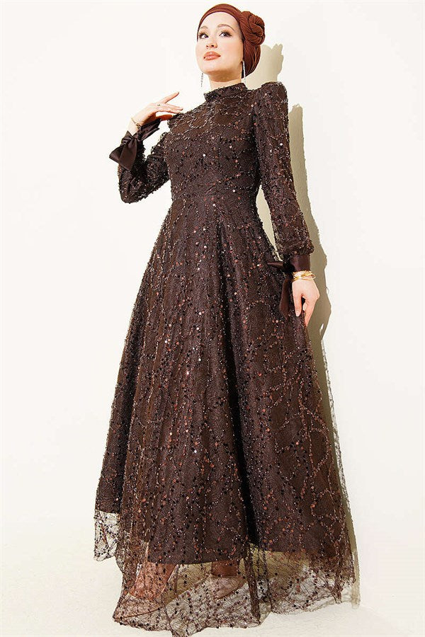 Ankle-Strap Sequined Embellished Evening Dress in Dark Brown