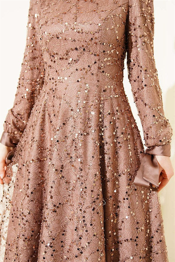Ankle-Strap Sequined Embellished Evening Dress, Mink Color