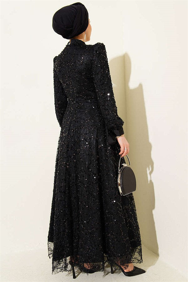 Ankle-Strap Sequined Embellished Evening Dress, Black
