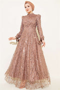 Ankle-Strap Sequined Embellished Evening Dress, Mink Color