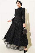 Ankle-Strap Sequined Embellished Evening Dress, Black