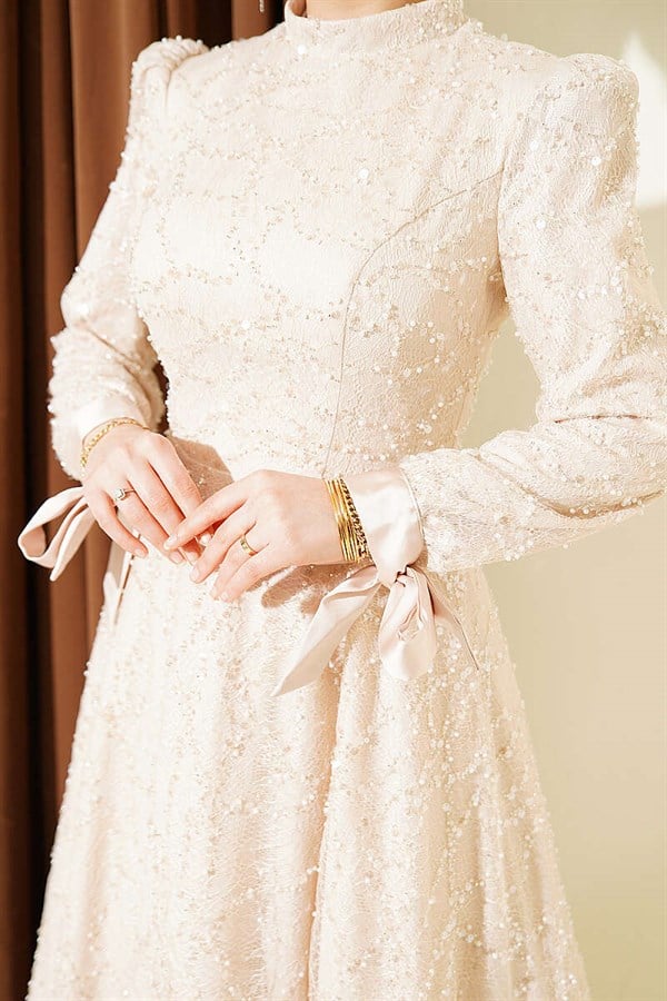 Ankle-Strap Sequined Embellished Evening Dress, Beige