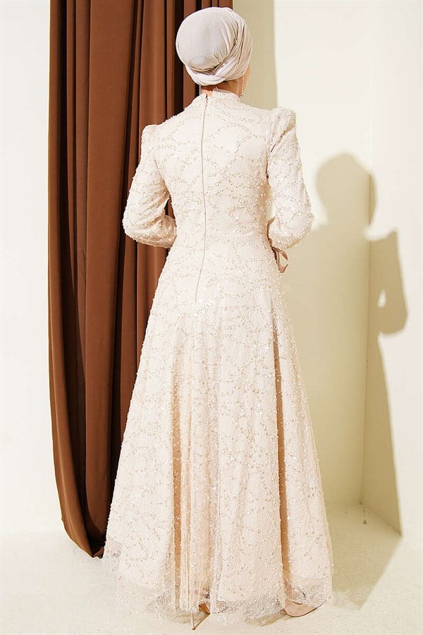 Ankle-Strap Sequined Embellished Evening Dress, Beige