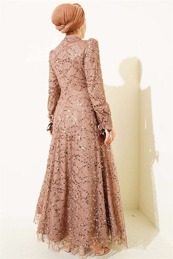 Ankle-Strap Sequined Embellished Evening Dress, Mink Color