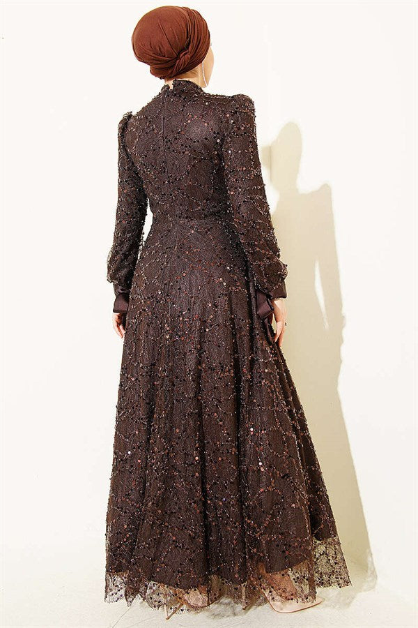 Ankle-Strap Sequined Embellished Evening Dress in Dark Brown
