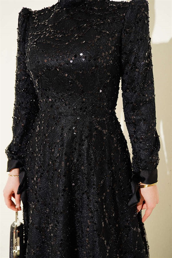 Ankle-Strap Sequined Embellished Evening Dress, Black