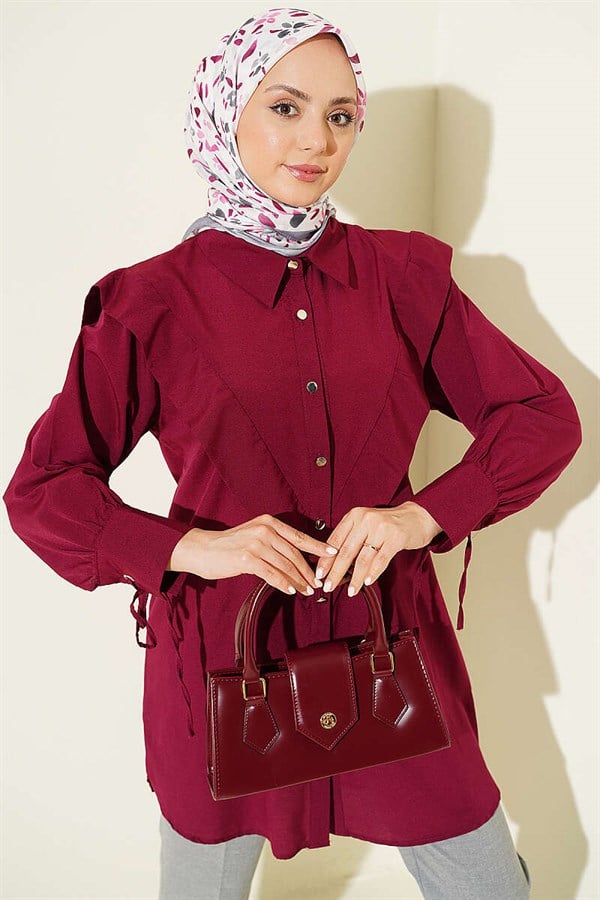 Burgundy Shirt with Ankle Straps and V-Neck