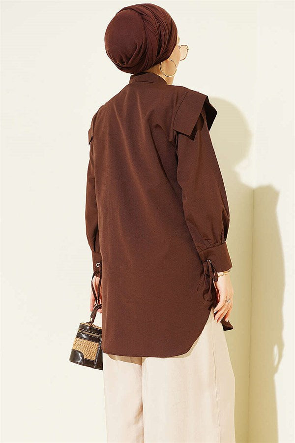 Wrist-tie V-neck Shirt, Brown