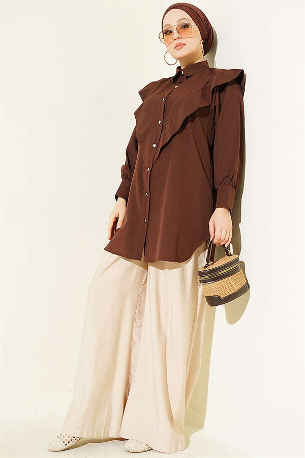 Wrist-tie V-neck Shirt, Brown