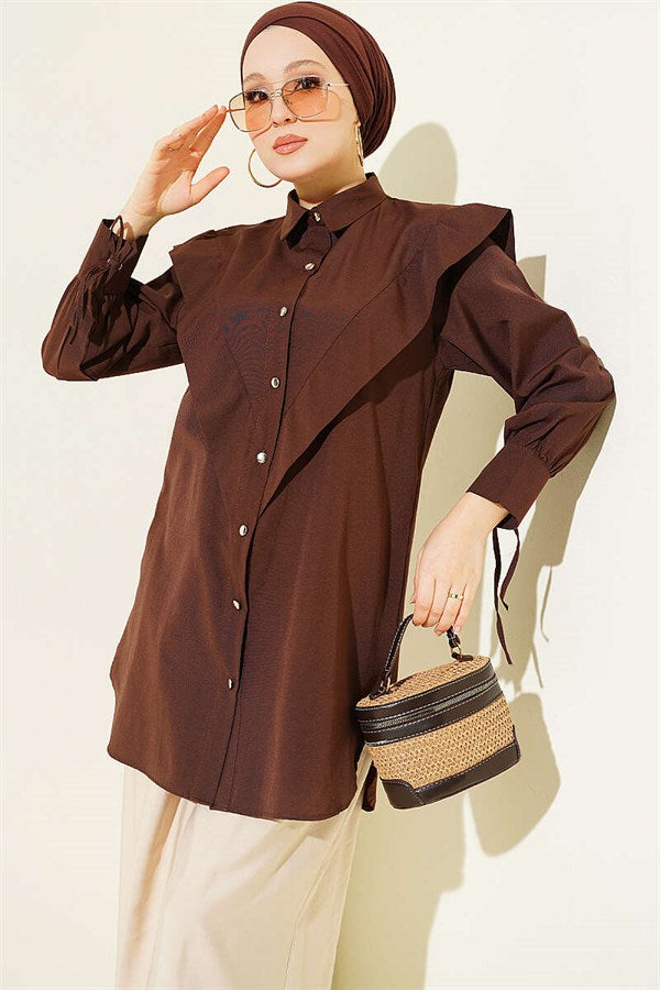Wrist-tie V-neck Shirt, Brown