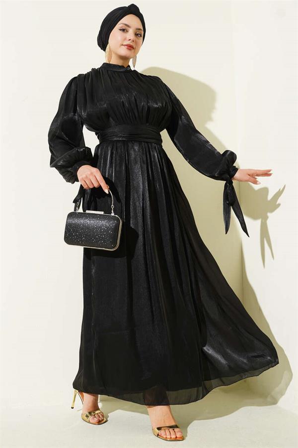 Black Evening Dress with Ankle Straps and Belt