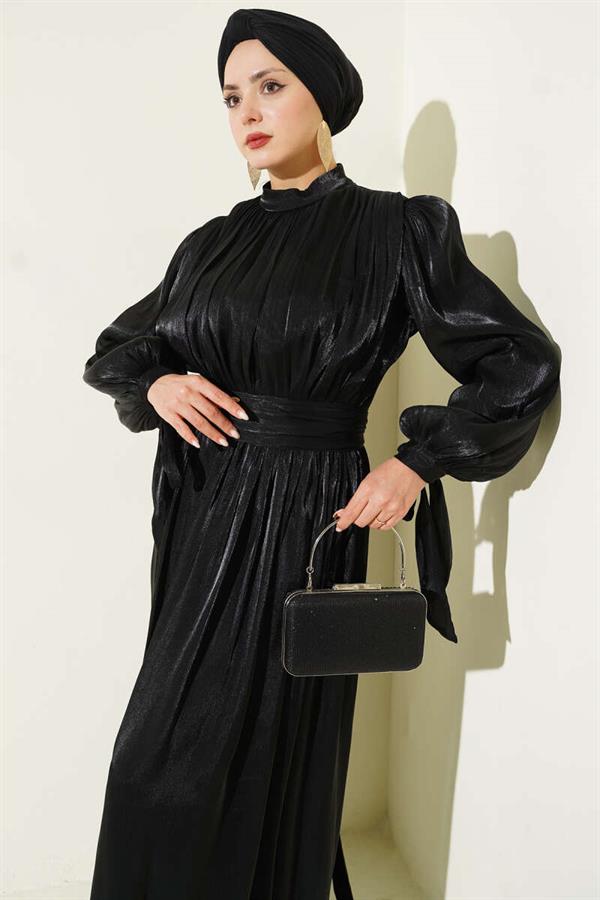 Black Evening Dress with Ankle Straps and Belt