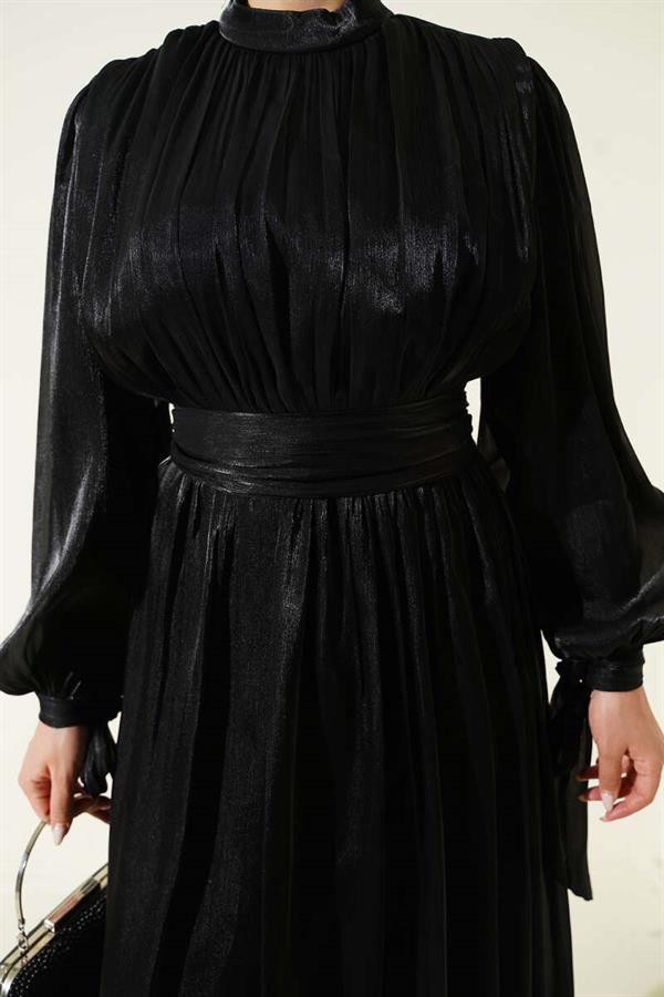 Black Evening Dress with Ankle Straps and Belt