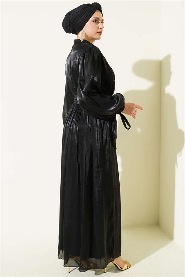 Black Evening Dress with Ankle Straps and Belt