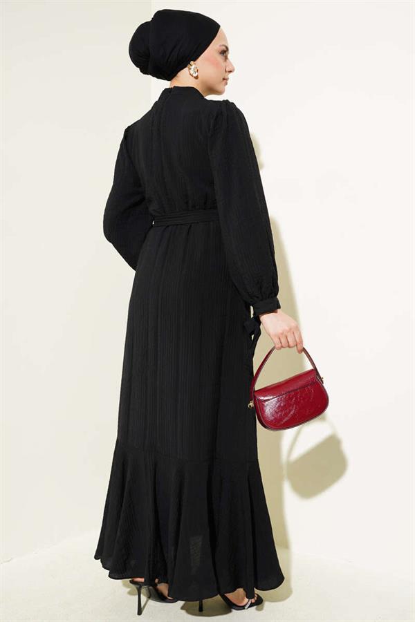 Ankle-Length Belted Seersucker Dress Black