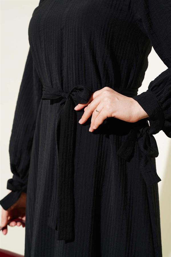 Ankle-Length Belted Seersucker Dress Black