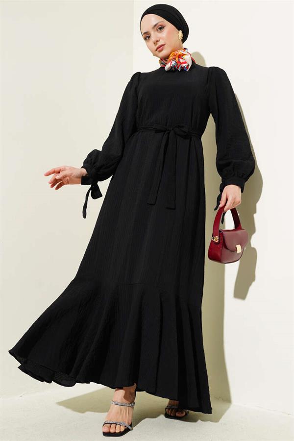 Ankle-Length Belted Seersucker Dress Black