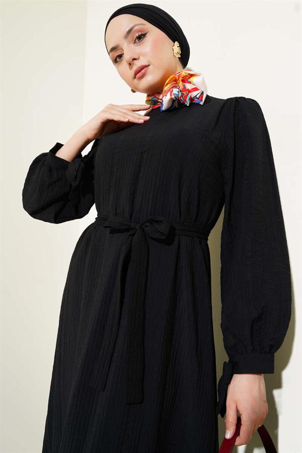 Ankle-Length Belted Seersucker Dress Black