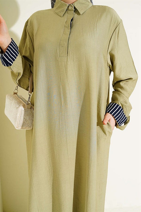 Ankle Striped Half-Button Dress in Sage Green