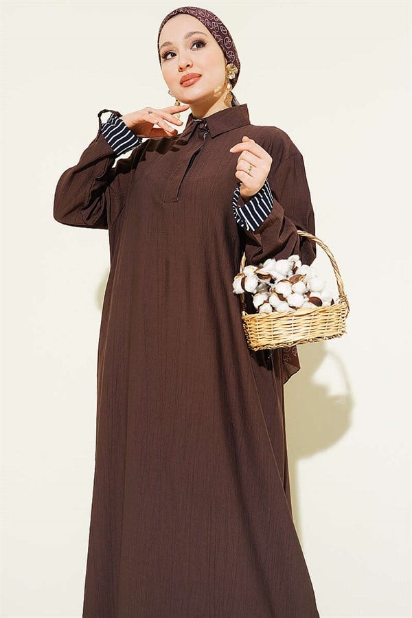 Ankle Striped Half-Button Dress, Brown