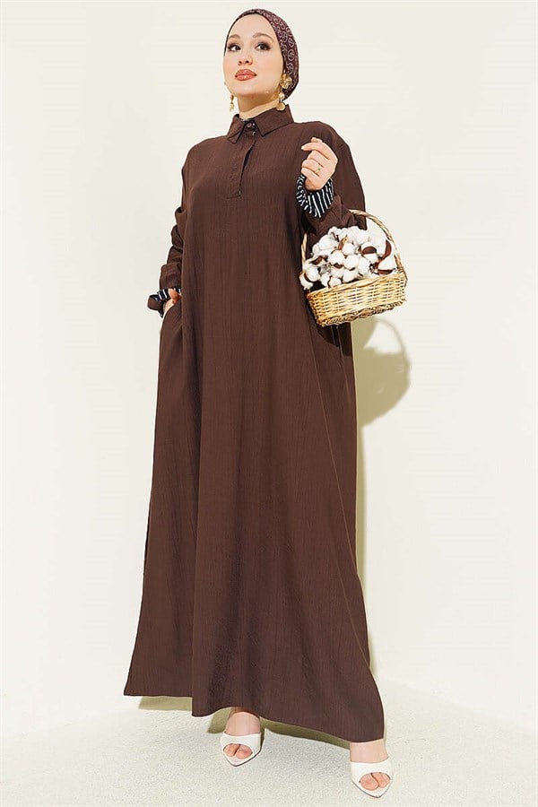 Ankle Striped Half-Button Dress, Brown