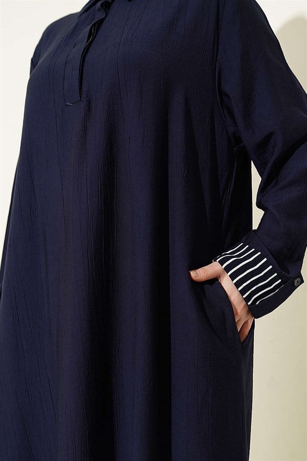 Ankle Striped Half-Button Dress Dark Navy