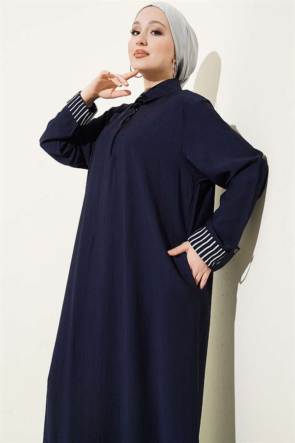 Ankle Striped Half-Button Dress Dark Navy
