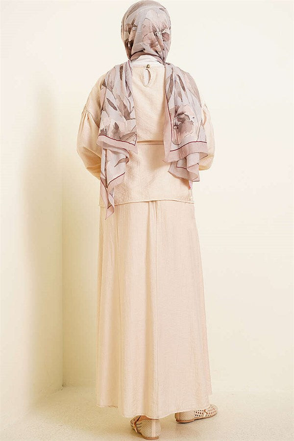 Beige Blouse and Skirt 2 Piece Set with Cuff Buttons