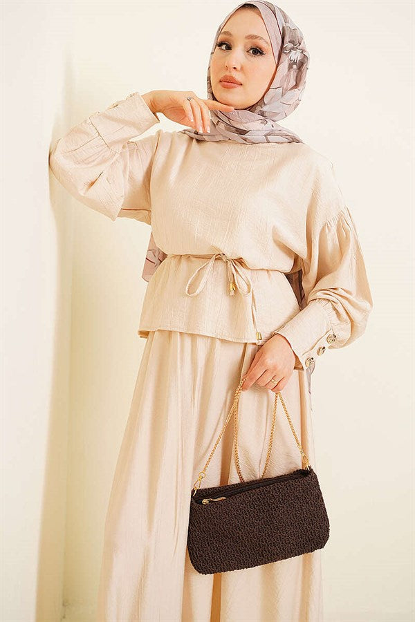 Beige Blouse and Skirt 2 Piece Set with Cuff Buttons