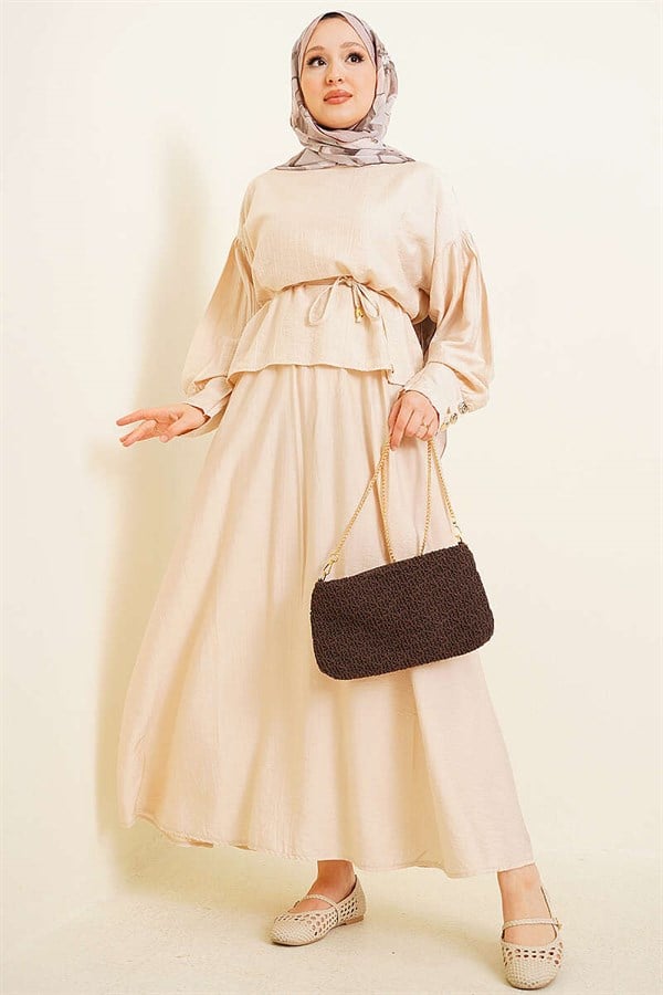 Beige Blouse and Skirt 2 Piece Set with Cuff Buttons