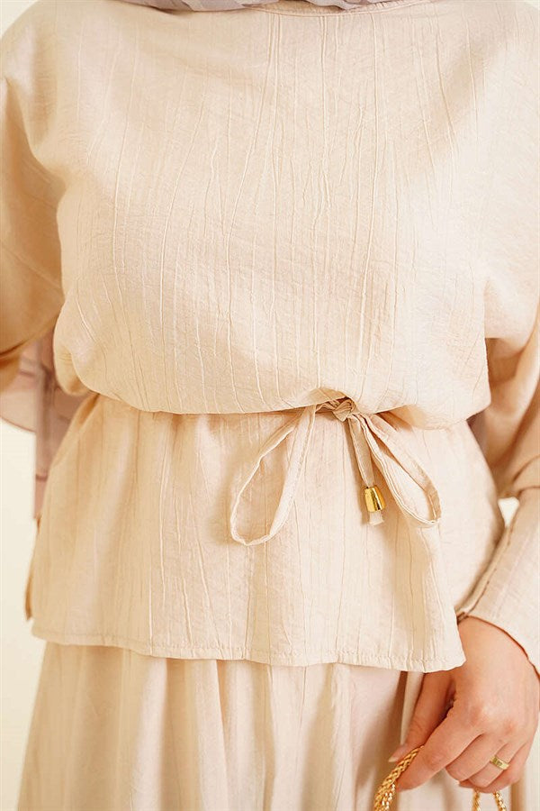 Beige Blouse and Skirt 2 Piece Set with Cuff Buttons