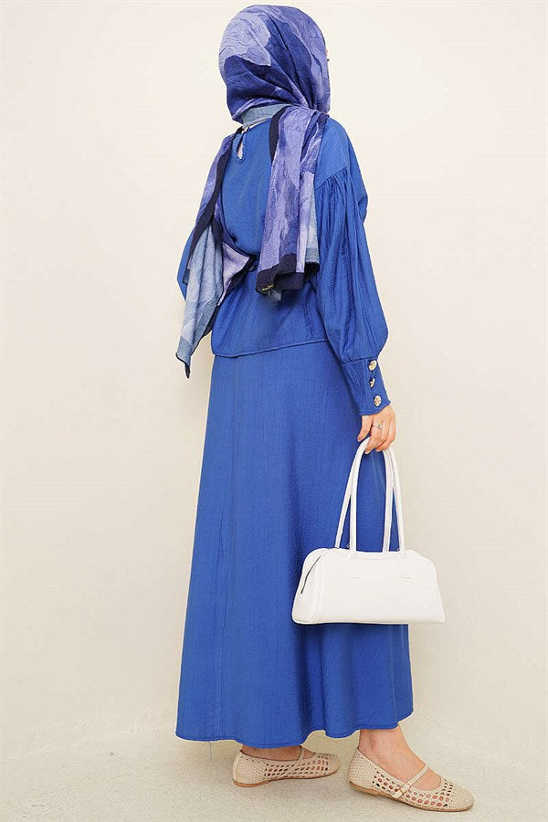 Cufflink Blouse and Skirt 2 Piece Set (Navy Blue)
