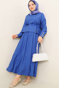 Cufflink Blouse and Skirt 2 Piece Set (Navy Blue)