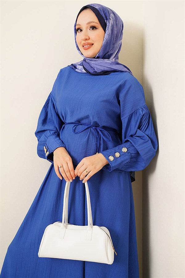 Cufflink Blouse and Skirt 2 Piece Set (Navy Blue)