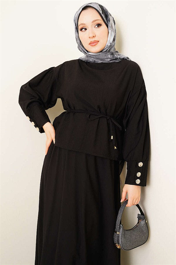 Black Blouse and Skirt 2 Piece Set with Cuff Buttons