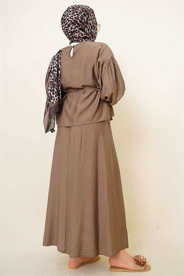 Buttoned Blouse and Skirt 2 Piece Set in Mink Color