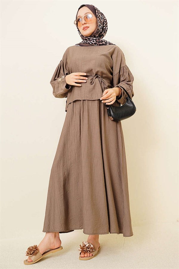Buttoned Blouse and Skirt 2 Piece Set in Mink Color