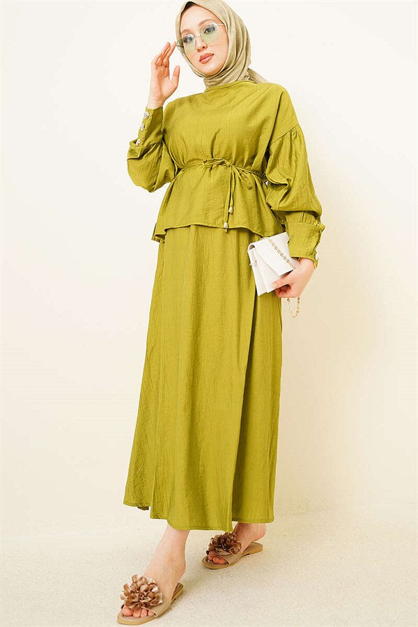 Buttoned Blouse and Skirt 2 Piece Set in Olive Green