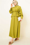 Buttoned Blouse and Skirt 2 Piece Set in Olive Green