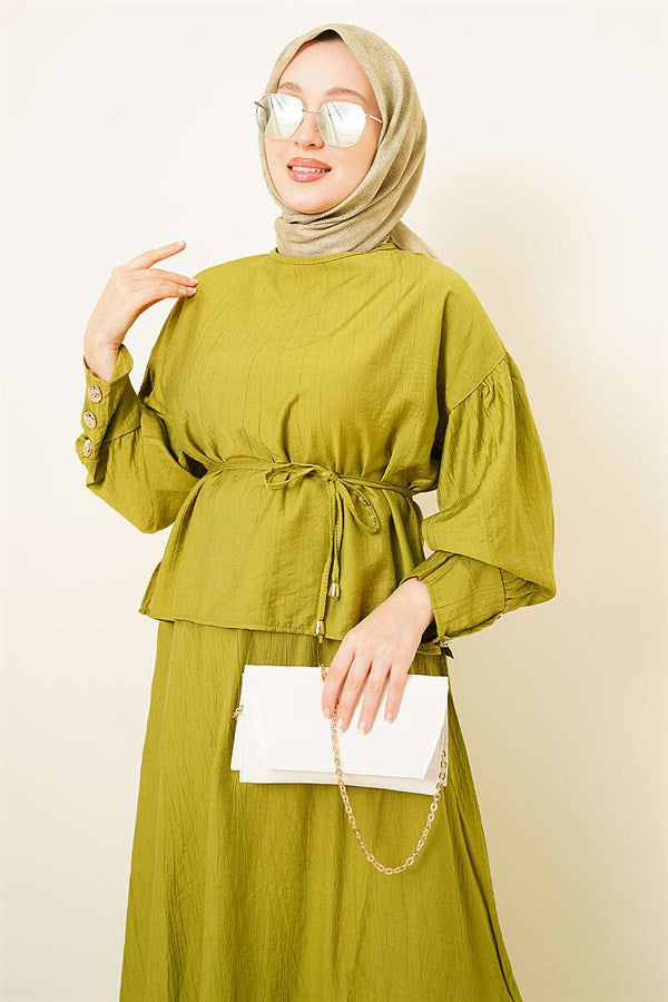 Buttoned Blouse and Skirt 2 Piece Set in Olive Green