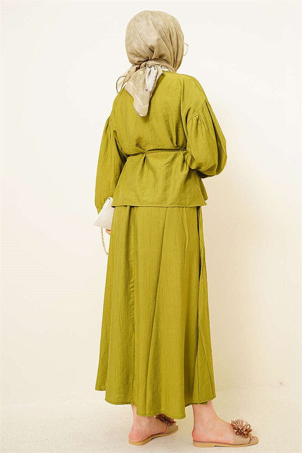 Buttoned Blouse and Skirt 2 Piece Set in Olive Green