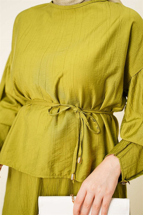 Buttoned Blouse and Skirt 2 Piece Set in Olive Green