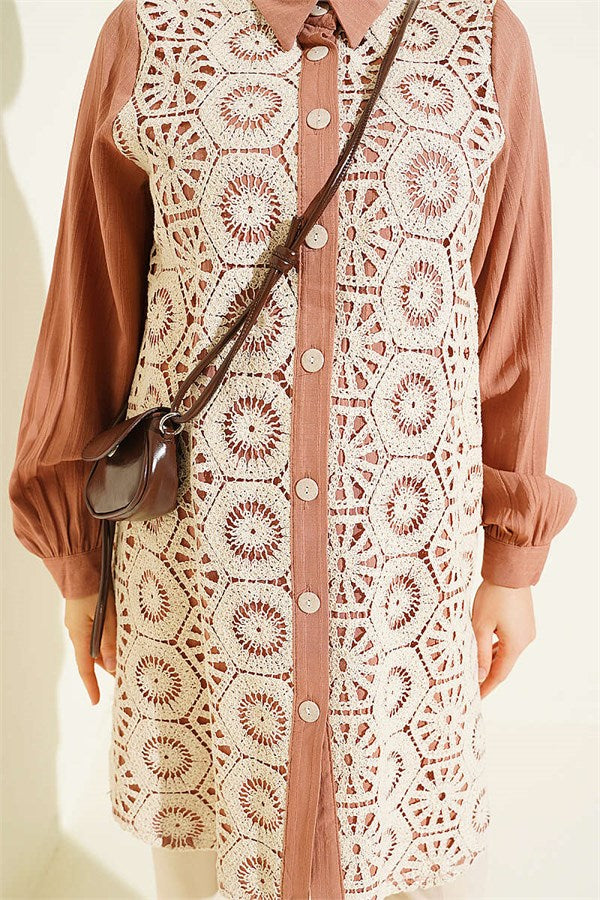 Shirt with Cufflinks and Lace Details, Camel