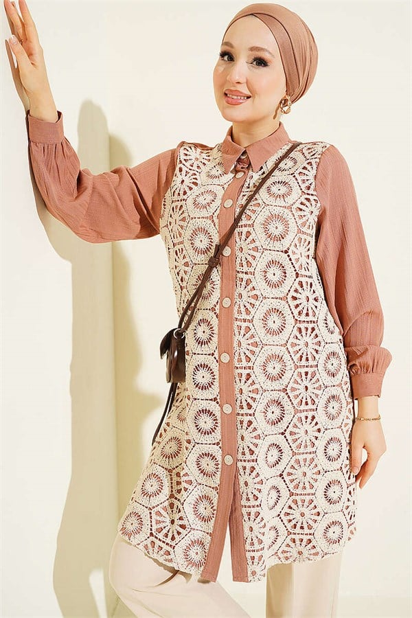 Shirt with Cufflinks and Lace Details, Camel